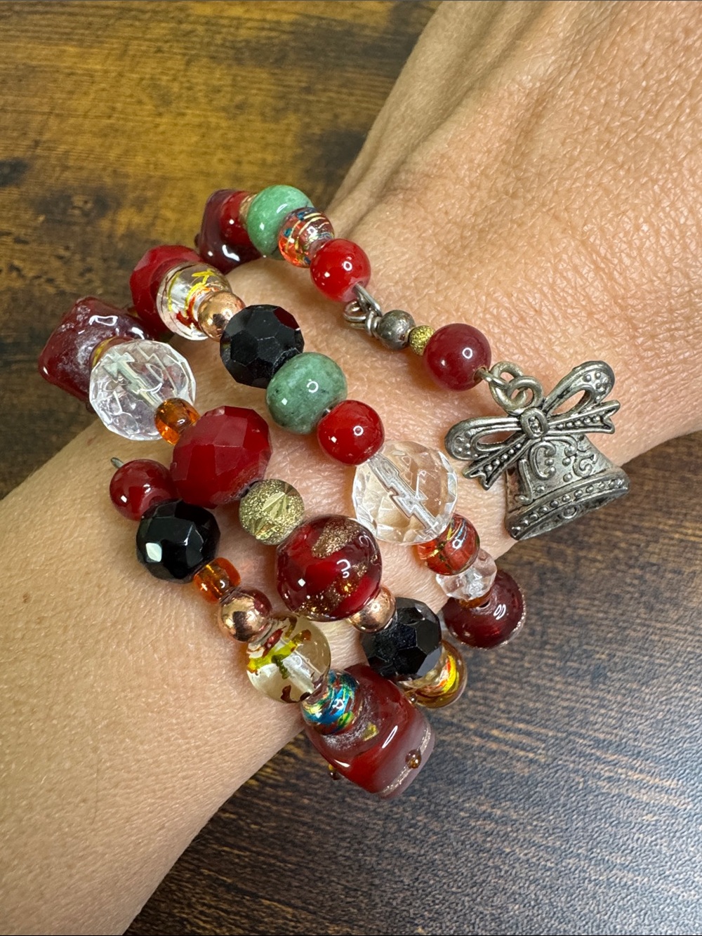 Handmade Red Glass Beaded Wrap Bracelet with Bell Charm